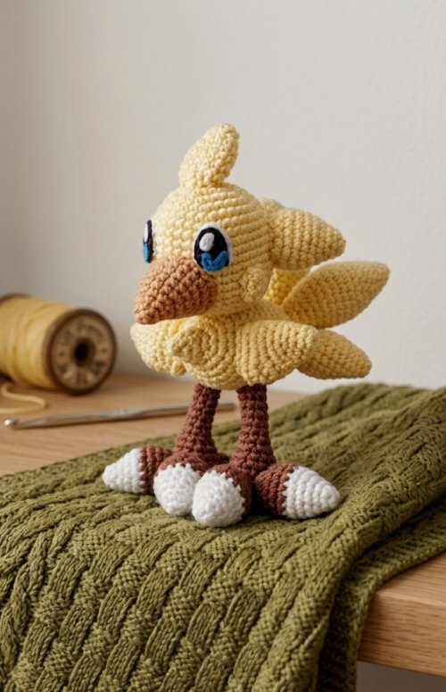 Crochet of an amigurumi-style chocobo