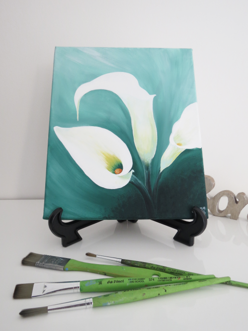 Painting of white arum lily flowers on a dark green background