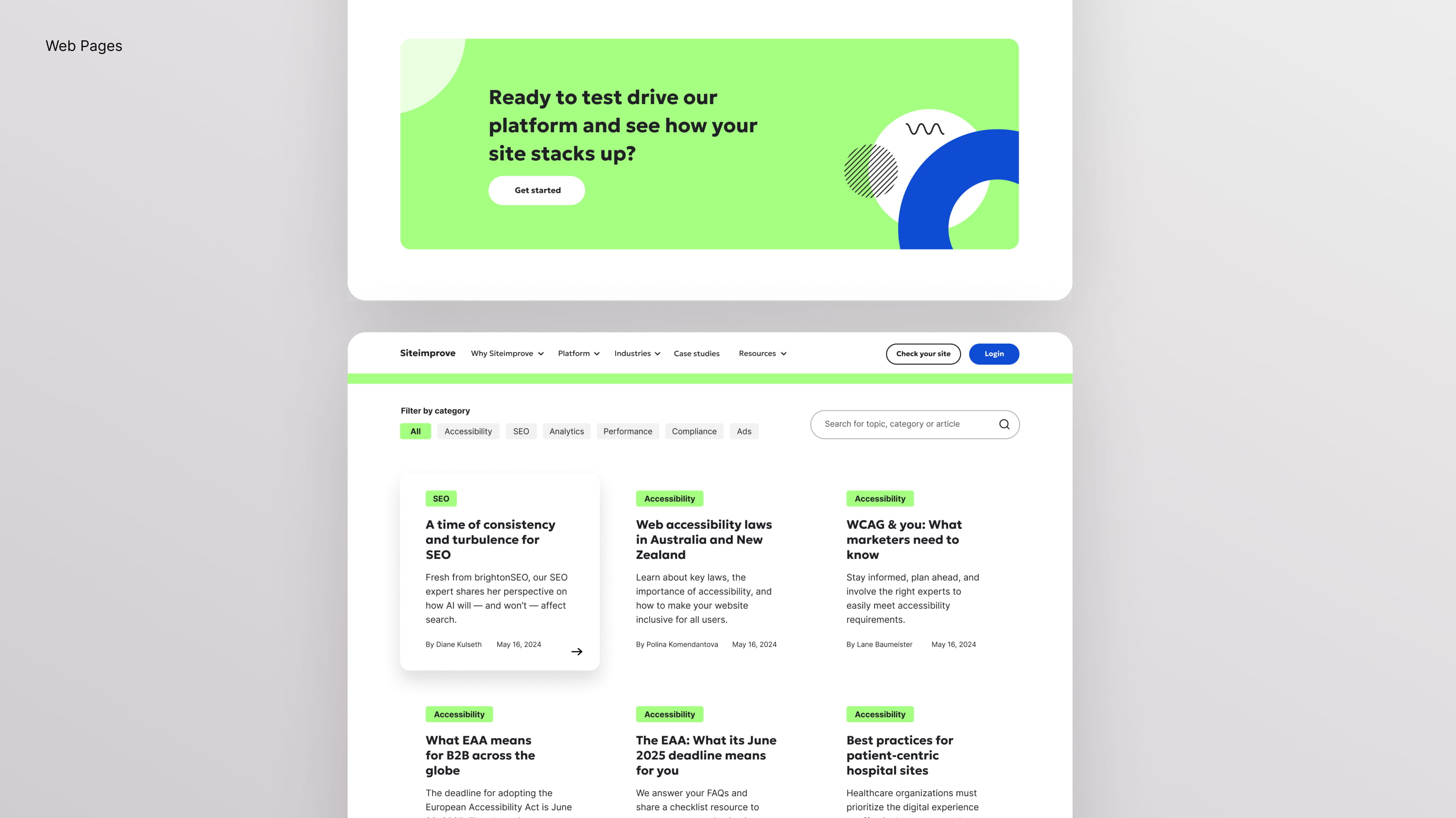 Example web pages from the redesigned Siteimprove website: a get started CTA and a blog main page with filtering options