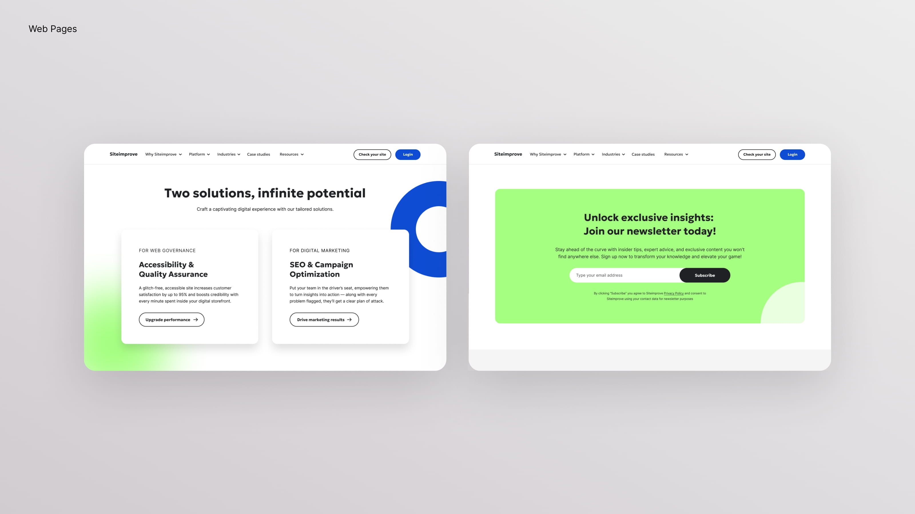Additional web page designs for the Siteimprove platform: the solutions and a subscription CTA page