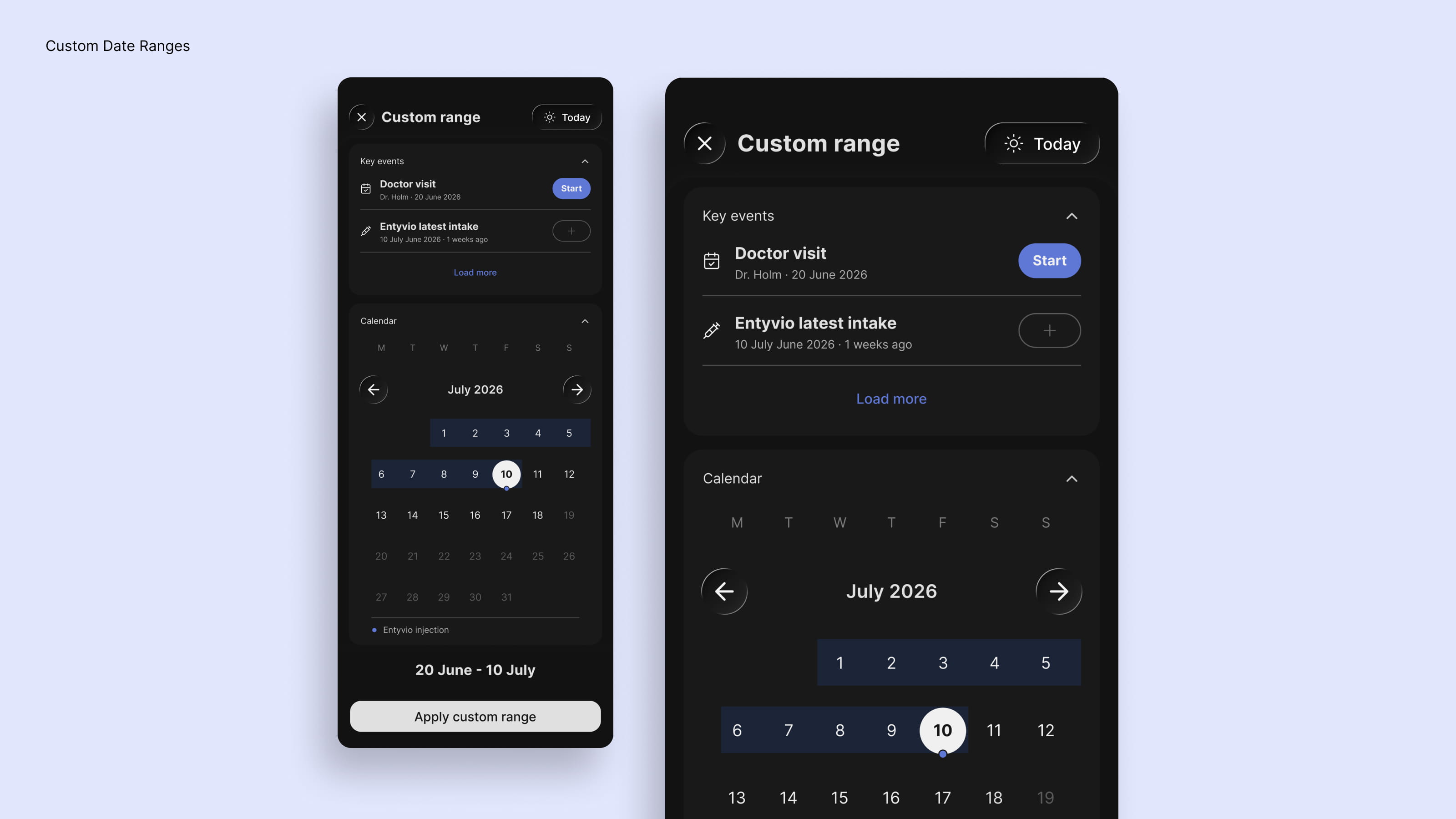 Mockup of the custom date range feature in the Chronicare app