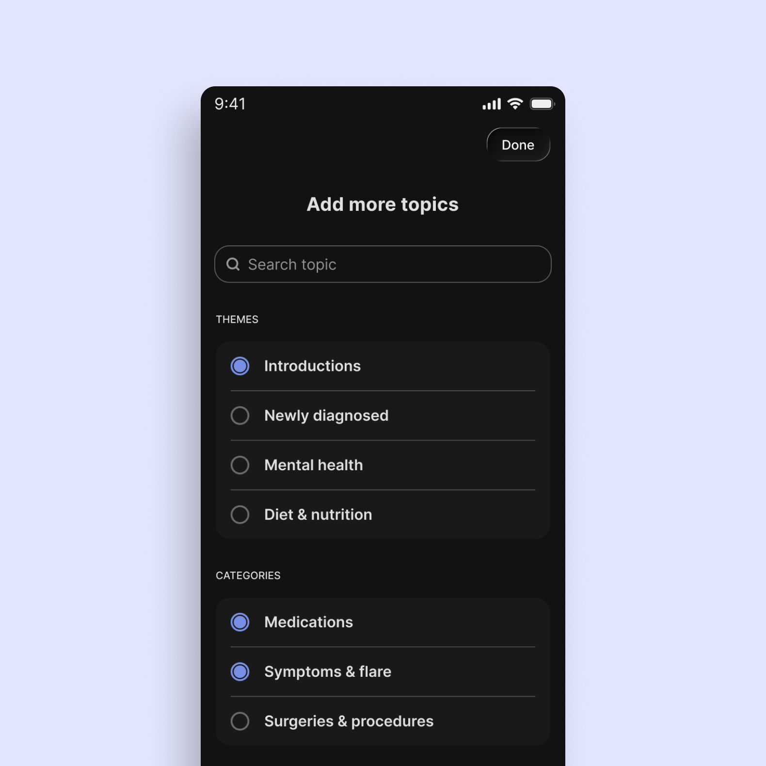 Close-up of the AI-generated topic feature in the Chronicare app, showing user options to add topics