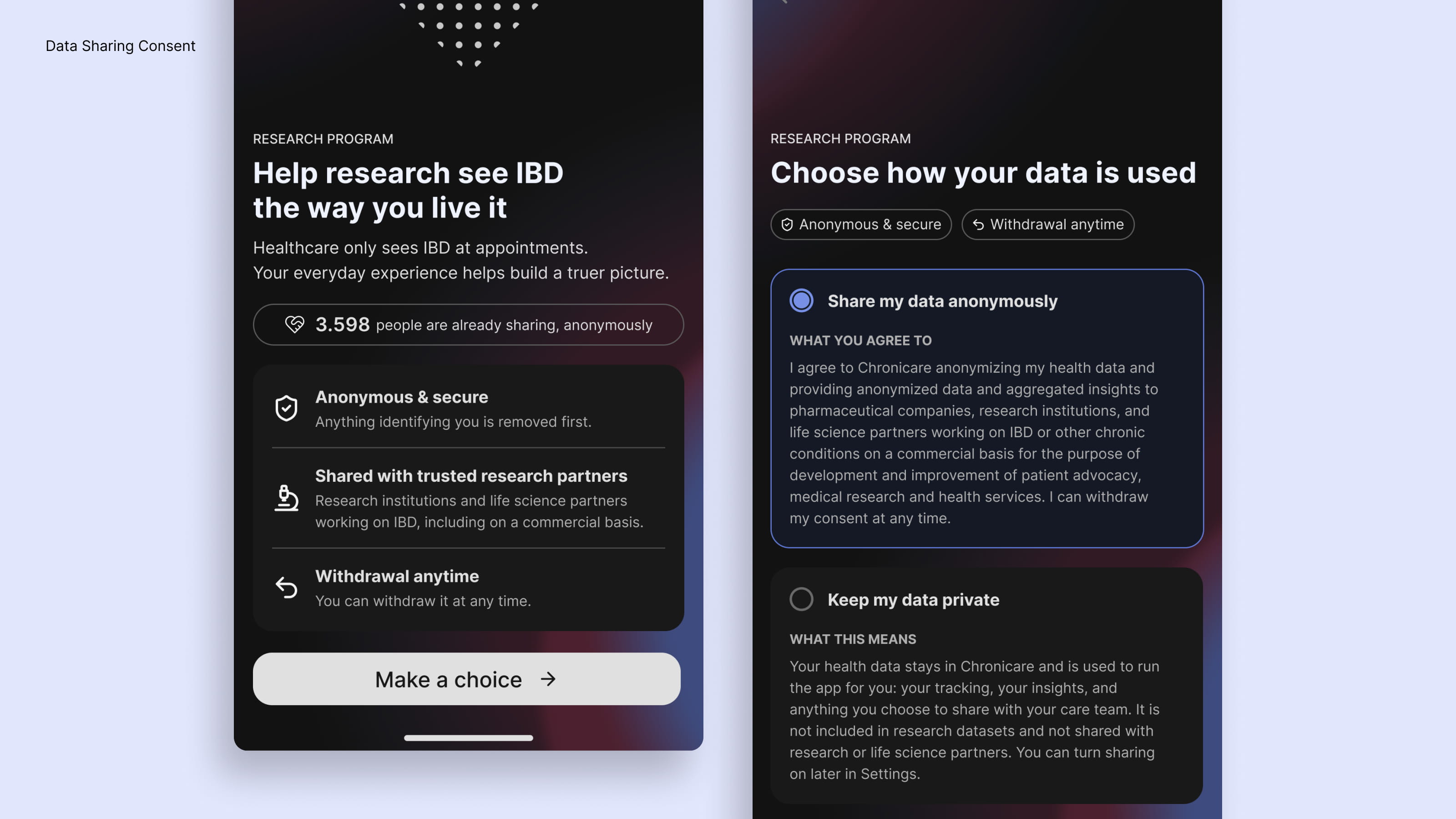 Mockup of the data sharing consent feature in the Chronicare app