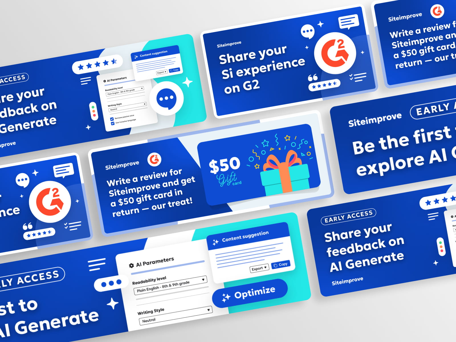 Thumbnail for Selected Marketing Works project. Collage of marketing materials designed for Siteimprove.